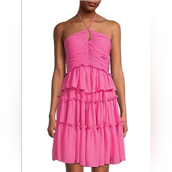 ONE33 SOCIAL Pink Fuchsia Tiered Ruffle Halter Above Knee Cocktail Dress Size 6 - Picture 1 of 8